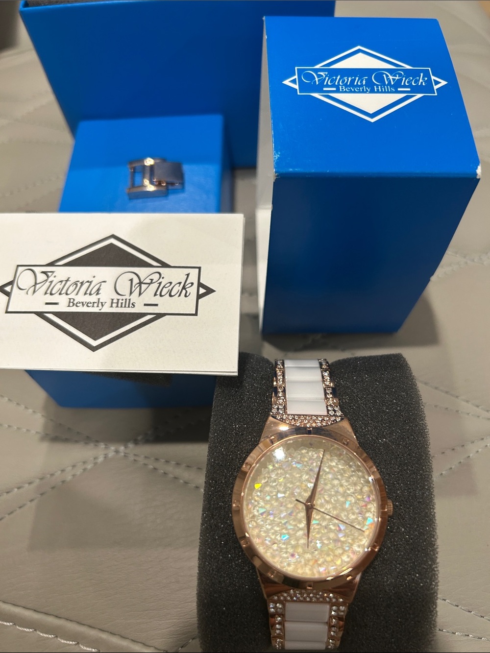 Victoria Wieck Rose Gold and White Crystal Mosaic Bracelet Watch